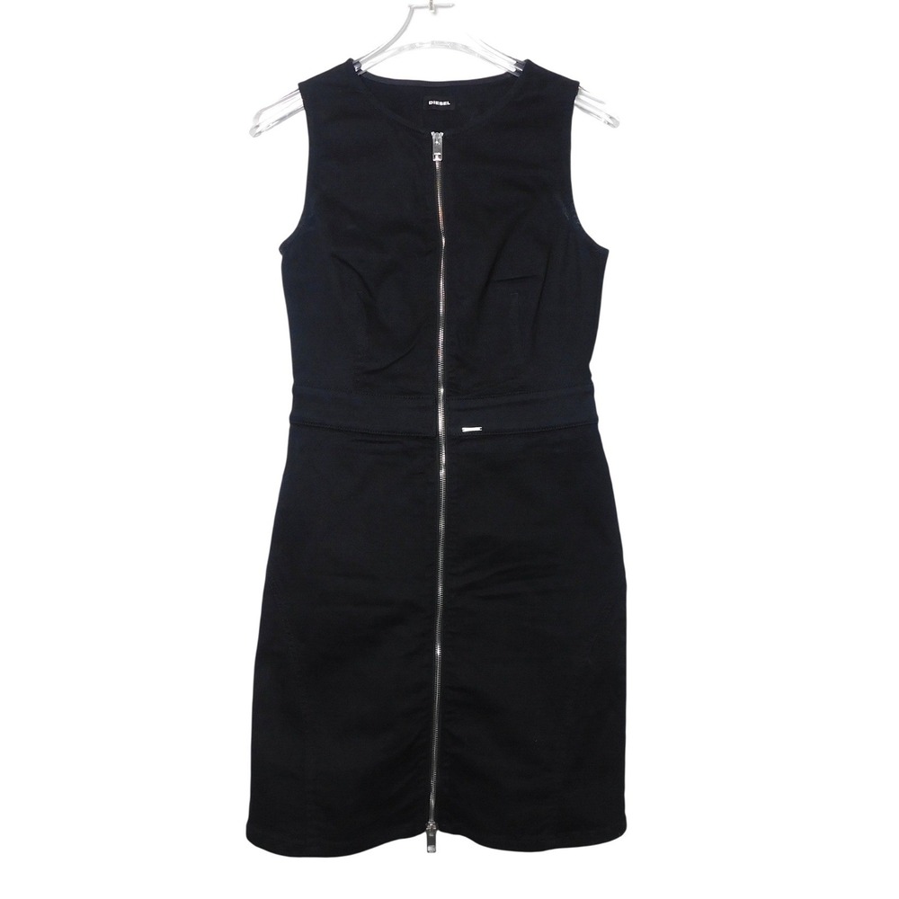 Diesel Black Denim Zip Front Mini Dress Lace Up Back Sleeveless Size M